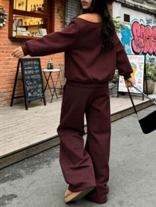 Women's Burgundy Spring 2 Piece Set Matching Tracksuit Oversized Crew Neck Long Sleeve Sweatshirt & Drawstring Waist Wide Leg Sweatpant For Valentine's Day, Daily & Going Out - Burgundy - View 2
