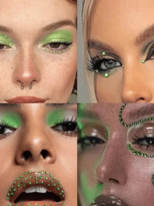 2pcs Gold Face Glitter Stickers, Shiny 3D Gem Stickers, Rave Accessories, Makeup Rhinestone Stickers, Y2K Style, Music Festival DIY Eye & Face Jewels - Green - View 3