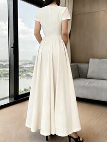 Long Dress With Short Sleeves, Square Neckline, Solid Color, Elegant, Sizes S M L - Màu be - Xem 3