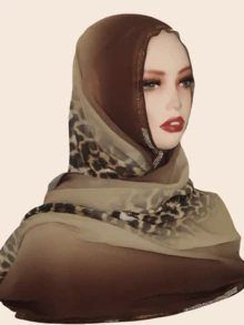 1pc Women's Chiffon Leopard Print Fashionable & Elegant Muslim Hijab Headscarf, Rhinestone Embellished Middle Eastern Style Patchwork Long Scarf - Leopard Print Patchwork Long Scarf With Rhinestones - View 3