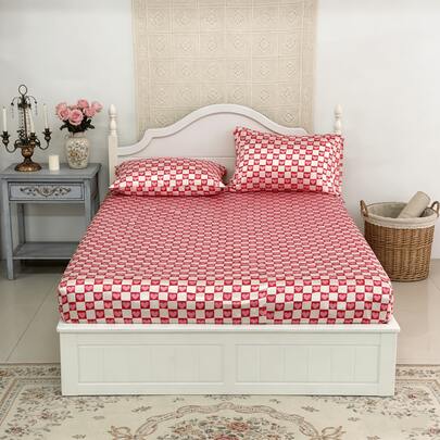 三件套缎面印花床上用品，浪漫格子心形图案，现代美学 - 情人节床上用品套装，卧室装饰