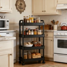 Black & White Kitchen Storage Cart - 3/5-Tier Optional With 360° Swivel Wheels, Mobile Rolling Organizer For Snacks Fruits & Spices, Versatile Shelf For Living Room & Study - Màu đen ba lớp - Xem 5