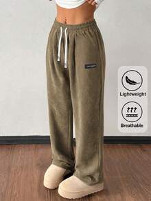 Hidkat Women's Corduroy Casual Straight Leg Pants, Solid Color Drawstring Vintage Pockets, Breathable & Comfortable, Suitable For Daily Activities, Autumn/Winter - Brown - View 2