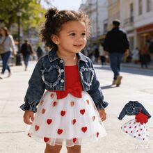 Conjunto versátil y lindo de 2 piezas para niñas bebés: chaqueta de mezclilla con corazón y vestido de tul con moño, para primavera/verano - Rojo - Ver 9