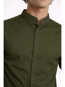Men's Dress Shirt With Mandarin Collar, Slim Fit, Luxury Short Sleeve, Premium Fabric - Army Green - View 3
