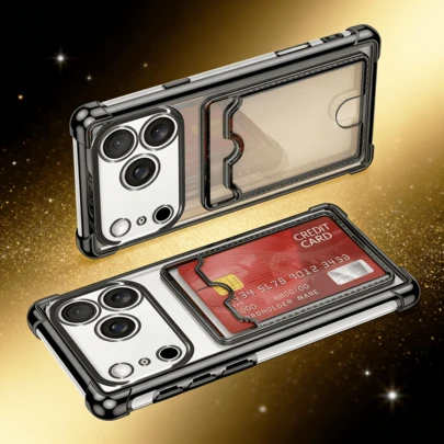Hadaasi 1 st svart galvaniserad korthållare med 4 hörn, kortfack och fönster, lyxigt 6D galvaniserat ram, heltäckande mjukt silikon, transparent telefonskal för Apple 17 Pro/17 Pro Max/17 Air/17 och Galaxy S26 Ultra/S26 Plus/S26/S26 Edge/S25 Ultra/S25 Plus/S25/S25 Edge/S25 FE/S24 Ultra/S24 Plus/S24/S23 Ultra och Redmi och