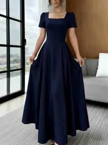 Long Dress With Short Sleeves, Square Neckline, Solid Color, Elegant, Sizes S M L - Navy Blue - View 1