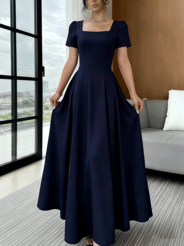 Vestido Longo De Manga Curta Com Decote Colar Quadrado Cor Sólida, Elegante P M G