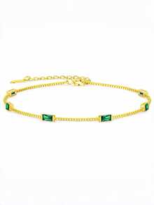 Luxury Riviera Baguette Bracelet, Gold/Silver Plated | Copper Base | Colored Cubic Zirconia | 18cm + 5cm Adjustable | With Pouch - 綠色的 - 查看 7
