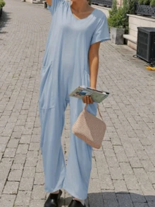 Women's Casual Solid Color V-Neck Pocket Short Sleeve Jumpsuits, Y2K Style Women's Clothing, Suitable For All Seasons, With Multiple Pocket Designs, Suitable For Outdoor Outfits, Cocktail Parties, Parties, Christmas, Nightclubs, Banquets Film Festivals, Cinemas, Balls, Cocktail Parties, Bars, Weddings, Graduation Ceremonies, Homecoming, Birthday Parties, Rebellious Girls, Festival-Themed Parties, Outings, Streetwear, Fashion Shows, Dates, Valentine's Day, Working Outside Universities, Schools, Villages, Concerts, Street Girls, Teenage Girls, Country-Style Women's Clothing, The Best Women For Outings, Ladies' Vacation Clothing, Country Concerts - Màu xanh lam - Xem 3