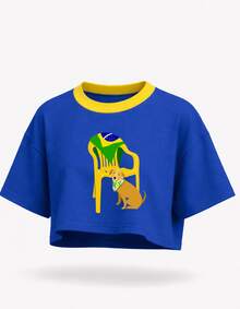 Women's Oversized Cropped Top With Flag Print, Brazil Style, Casual And Comfortable Look - Màu xanh lam - Xem 2