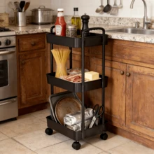 Black & White Kitchen Storage Cart - 3/5-Tier Optional With 360° Swivel Wheels, Mobile Rolling Organizer For Snacks Fruits & Spices, Versatile Shelf For Living Room & Study - Màu đen ba lớp - Xem 3