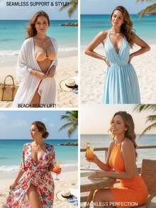 2 包/1 对硅胶提拉粘性文胸，无肩带聚拢露背文胸，丰胸隐形文胸，可重复使用的粘性乳贴，适合婚纱、晚礼服和露背服装。 - 杏色 - 查看 4