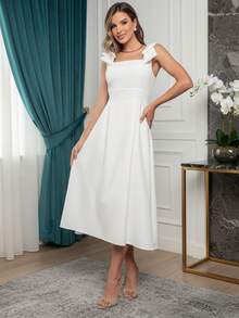 Vestido feminino midi de 2 alças com detalhe de laço nas alças, contem fechamento de ziper. - Branco - Visão 8