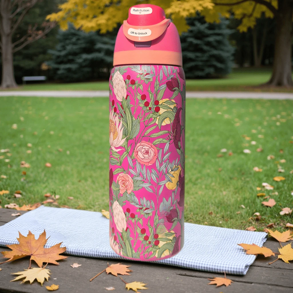 Stainless Steel Insulated Water Bottle, 32oz Capacity, Vacuum Insulated, Leak-Proof Spout Design - With Handle And Straw - Perfect For Travel, Featuring A Floral Pattern. - Pink - View 1