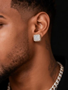 2 piezas Pendientes cuadrados de hombre con circonita cúbica de estilo punk y hip hop de cobre, para regalo de joyería y fiesta - Dorado - Ver 2