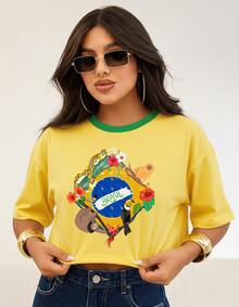 Women's Oversized Cropped Top, Brazil Style, Streetwear, Flag Print, Premium Cotton - 黃色 - 查看 1