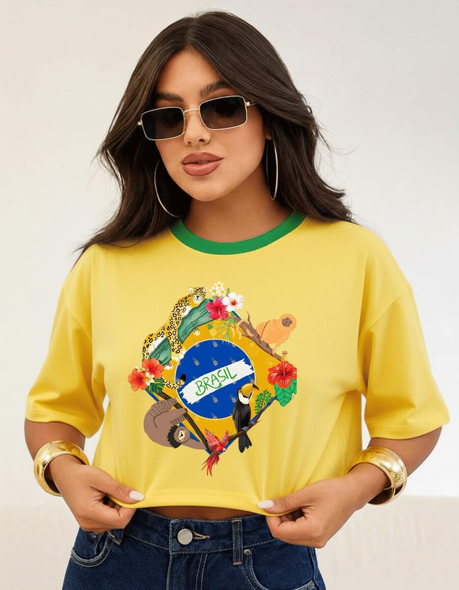 Women's Oversized Cropped Top, Brazil Style, Streetwear, Flag Print, Premium Cotton - 黃色 - 查看 1