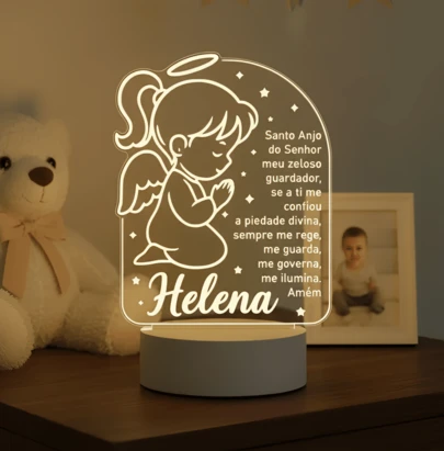 Luminária LED Oração Santo Anjo Personalizada nome Criança, Decoração, Bebê, Acrílico, Presente, Lembrancinha, Batizado