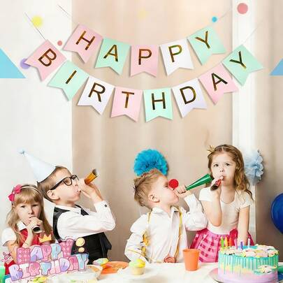 Dây cờ sinh nhật màu pastel với chữ vàng lấp lánh, cờ dây chúc mừng sinh nhật, đồ trang trí tiệc, đồ dùng tiệc sinh nhật