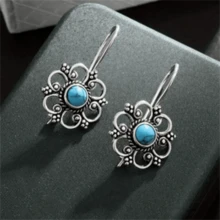 一对波西米亚复古镶嵌仿绿松石花朵耳环，时尚个性化派对珠宝礼物（女士款） - 復古銀色 - 查看 4