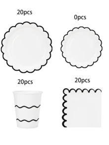 10pcs/50pcs/80pcs White And Black Wavy Edge Paper Plates, Paper Cups, Paper Napkins Set, Black Party Supplies Including Wavy Edge Plates, Serving Trays, Decorative Napkins, Cups, Suitable For Wedding, Birthday, Holiday Party - Black Lace - View 9