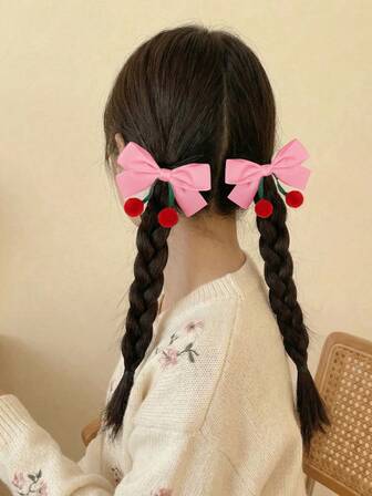 2 Pcs Cute Cherry Hair Bows For Girls, Pink Bow Ribbon Hair Clips With Red Pompom Fruit, Kawaii Hair Accessories For Girls, Aesthetic Barrettes For Festival Valentine's Day Birthday Gift