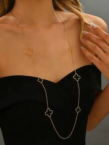 1pc Fashionable Lucky Clover Pendant Necklace, Elegant Stainless Steel Hollow Flour-Leaf Clover Pendant Long Chain Necklace, 18K Gold Plated Long Necklace, Suitable For Women Daily Wear And Gift - Gold - View 3