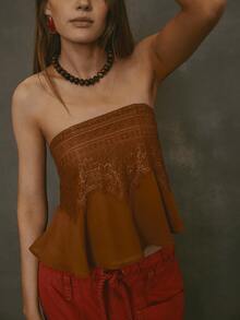 Women's Lace Floral Embroidery Tube Top Strapless Off Shoulder Ruffle Hem Babydoll Flowy Bandeau Tops Summer Sleeveless Backless Cute Cami Vest Sweet Going Out Tops Shirts Vintage Aesthetic Clothes Streetwear - Cà phê nâu - Xem 6