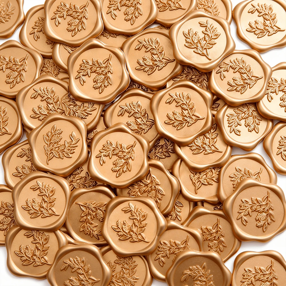 Bộ 20/30/50/60/90/100 miếng dán niêm phong bằng sáp họa tiết lá bạch đàn, dùng để dán phong bì thiệp mời cưới, nhãn dán tự dính, thích hợp cho đám cưới, thiệp mời, phong bì, bao bì quà tặng, Giáng sinh và các dịp khác. - Đồng - Xem 1