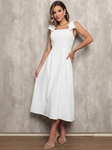 Vestido feminino midi de 2 alças com detalhe de laço nas alças, contem fechamento de ziper. - Branco - Visão 6