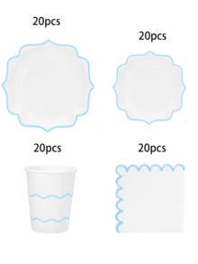 10pcs/50pcs/80pcs Light Blue Party Tableware Set, White & Blue Rimmed, Scalloped Paper Plates, Cups And Napkins, Baby Blue Boy Baby Shower Party Decorations, Includes Baby Blue Scalloped Paper Plates, Napkins And Cups, Suitable For Bridal Shower, Wedding, Birthday, Gender Reveal Party Supplies - Blue - View 8