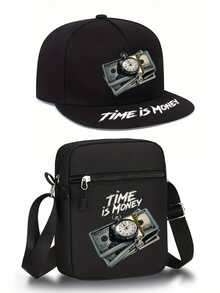 1pc/2pcs "Time Is Money" Dollar Bill Graphic Print Baseball Cap And Crossbody Bag Set, Streetwear Fashion Outdoor Sports Adjustable Flat Brim Cap And Shoulder Bag, Valentine''s Day & Anniversary Gift - Multicolor - View 1