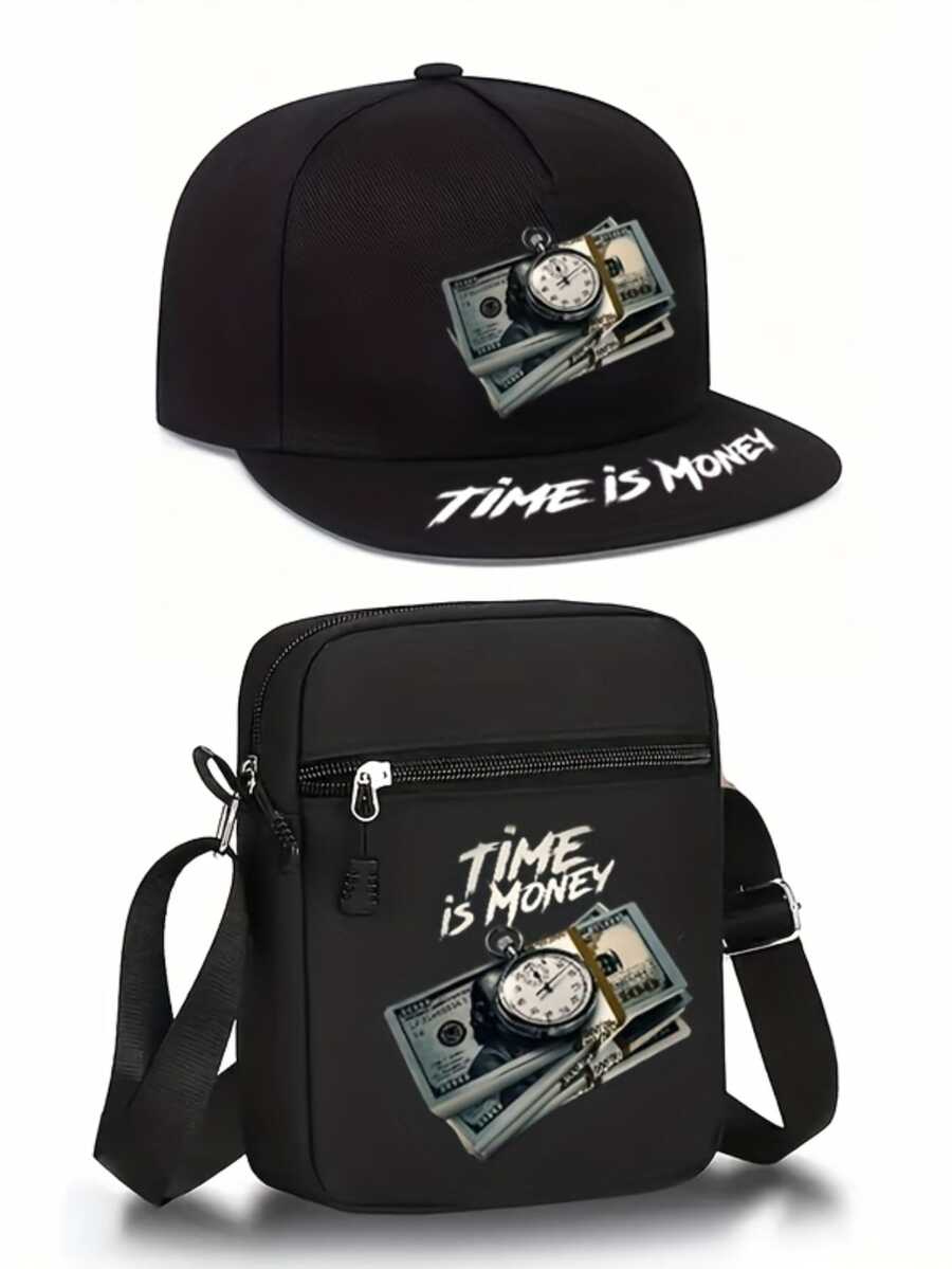 1pc/2pcs "Time Is Money" Dollar Bill Graphic Print Baseball Cap And Crossbody Bag Set, Streetwear Fashion Outdoor Sports Adjustable Flat Brim Cap And Shoulder Bag, Valentine''s Day & Anniversary Gift - Multicolor - View 1