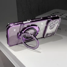 奢华亮片相机水钻指环支架渐变闪粉电镀手机壳，兼容 17 Pro Max Air 16 15 14 13 12 Pro Max，橙色、银色、粉色可选，适合女孩和女士，国际版，非国内版 - 紫色 - 查看 7