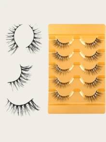 1盒5对5D蓬松轻盈仿貂毛假睫毛，不对称分段式自然款假睫毛，浓密卷翘款假睫毛 - 黑色 - 查看 3