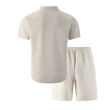 男士两件套，时尚纯色口袋单排扣翻领短袖衬衫+抽绳短裤，男士休闲假日套装，情人节礼物 - 卡其色 - 查看 2