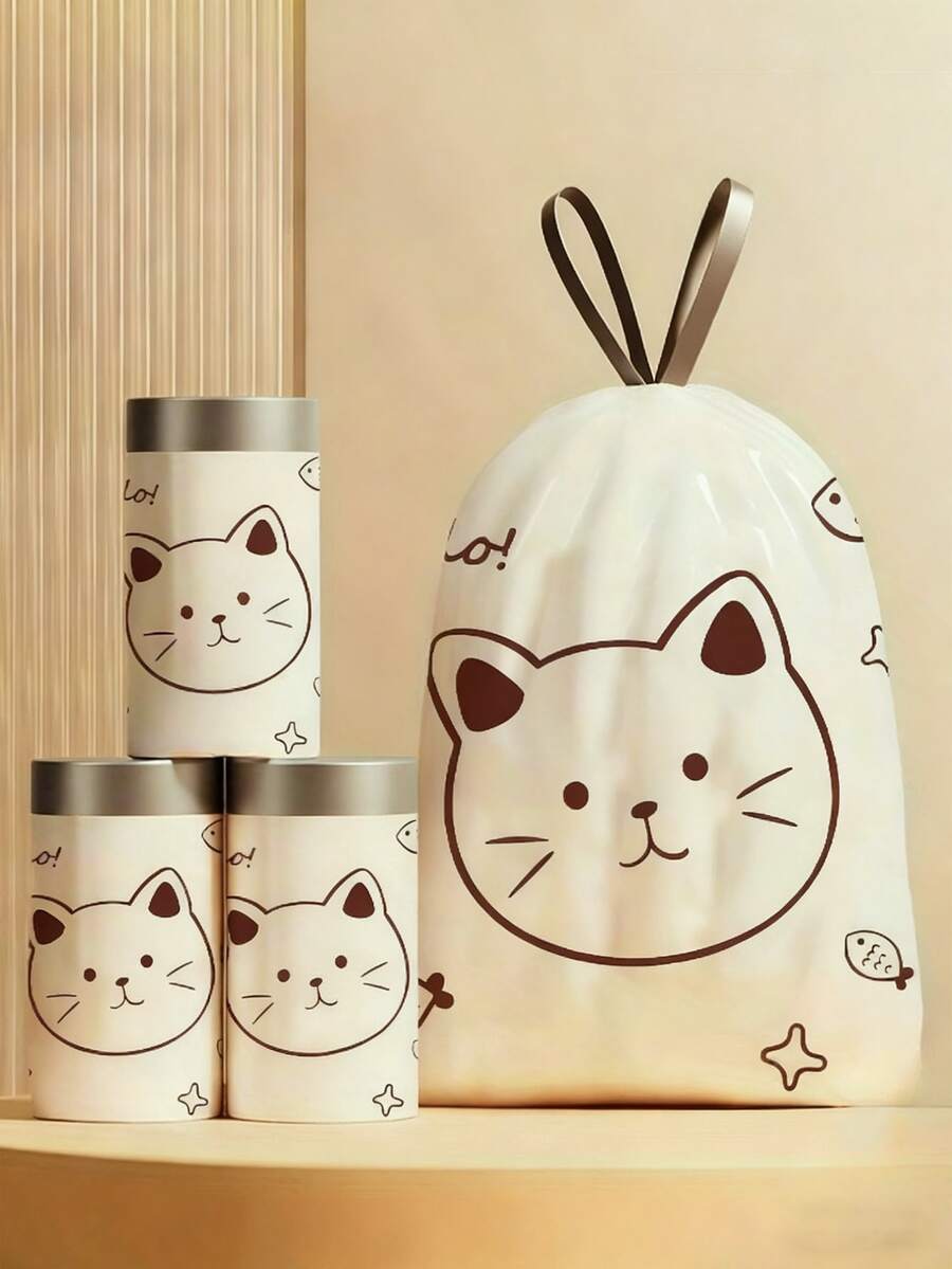 30/60/90 Pieces Per Roll 4-Gallon Drawstring Garbage Bags, Cute Printed Disposable Garbage Bags, Self-Closing Garbage Bags, Household Tie Garbage Bags, Garbage Bags, Garbage Bags, Multi-Functional Garbage Bags, For Home, Office, Cleaning Supplies, Household Tools