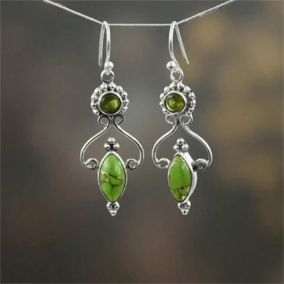 一对波西米亚复古宫廷风花朵镶嵌仿绿松石吊坠耳环，时尚女式首饰，婚礼派对礼物