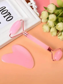 2pcs Rose Quartz Double-Ended Massage Roller, Heart-Shaped Facial & Eye Massage Scraping Tool Set - Multicolor - View 5