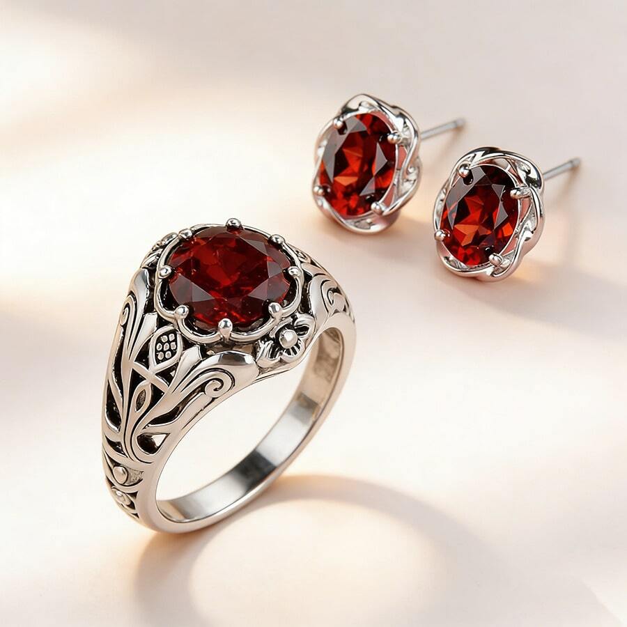 High-Quality Hypoallergenic Vintage-Style Silver-Red Non-Fading Gem Jewelry Accessories Perfect For Autumn And Winter Stacking With Partners Or Lovers New Year & Birthday Gift Local Warehouse It's An Exquisite Gift For Women - 8 - Xem 1