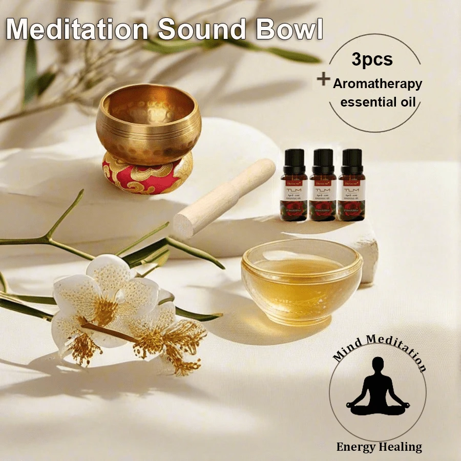 Singing Bowl Set And 3pcs Aromatherapy Essential Oils, Used For Meditation, Yoga, Chakra Balance, Mindfulness Practice, Sound Healing. Gardenia Rose Sandalwood Aromatherapy Essential Oils To Create A Unique Atmosphere, Calm The Mind And Relax The Body. - Đồng - Xem 1