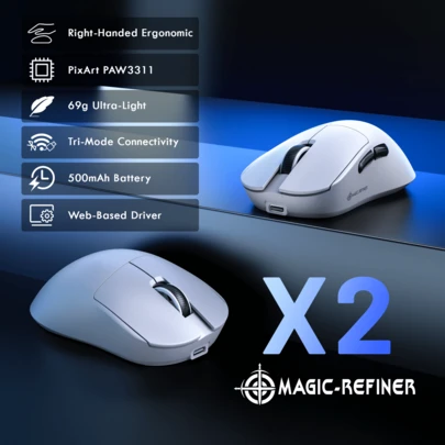 ATTACK SHARK MAGIC-REFINER ATTACKSHARK X2 Superlight Wireless Gaming Mouse,BK3633 Tri-Mode BT/2.4G Wireless/Wired Mouse With Grip Tape,25000DPI,1000Hz Polling Rate,500mAh,Large Size,5 Programmable Buttons For Pc/Black PRO
