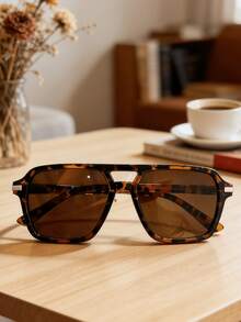 1 Pair Of Fashion Double-Bridge Aviator For Women, Retro Oversized Protection Aviator Glasses, Stylish Classic Designer Inspired Shades For Beach Vacations, Daily Streetwear, Driving & Outdoor Activities, Versatile Fashion Accessory To Match Casual, Boho & Y2K Outfits - Màu nâu đồi mồi - Xem 4