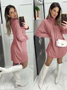Women's Long-Sleeved Wool Poncho Dress With Turtleneck Top For Winter. - 粉色 - 查看 2