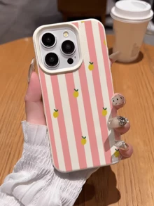 Striped Elements Minimalist TPU White Pink Fashion Phone Case Shockproof 1pc White & Pink Striped Lemon Pattern Minimalist Full Coverage TPU Shockproof Phone Case Compatible With IPhone 17, 16, 15, 14, 13, 12, 11 Pro Max, Air, And Series Birthday Gift - Multicolor - View 2