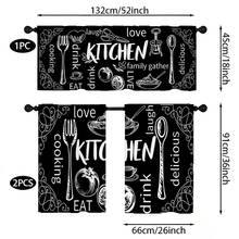 1pc/2pcs Set Pastoral Theme Kitchen Utensil Cooking Print Curtain, Rod Pocket Pastoral Kitchen Curtain, Cafe Curtain, Living Room Office Bedroom Home Decor Curtain - Black - View 2