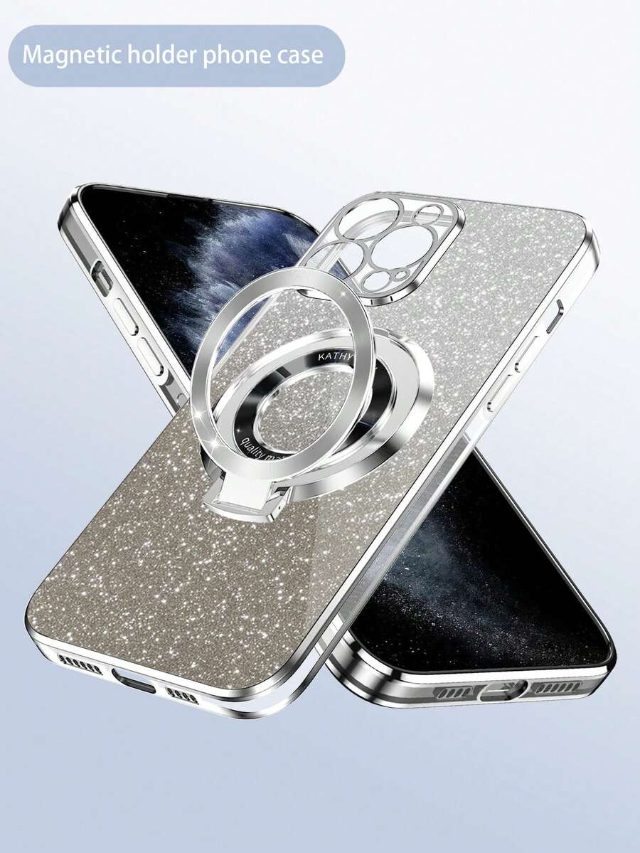 全新电镀防摔手机壳+闪光卡纸+电镀隐藏式支架+全套手机壳，适用于 11/12/13/14/15 Pro Max、三星S22/23/24 Ultra/A14/A25/A34/A54、OPPO、vivo、Redmi 13C - 銀色 - 查看 1