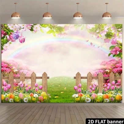 7x5ft Easter Backdrop Spring Easter Photography Backdrop Green Grass Pink Floral Colorful Eggs