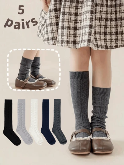 5 Pairs Kids Solid Color Cable Knit Knee High Socks, Princess Socks, Lolita Socks, School Uniform Socks, Classic Colors, Cable Knit Striped Design, Elegant & Fashionable, Soft & Comfortable, Suitable For Daily Wear In Spring, Summer, Autumn And Winter, Fit For 3-16 Years Old Children, Wonderful Gift For Holidays